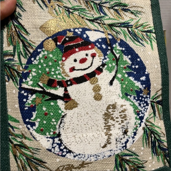 Jute Burlap Painted Wooden Handles Tote Bag Christmas Snowman Signed - Picture 13 of 14